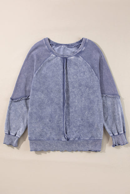 Zeil blauw massief wafel gebreide patchwork raglan mouw sweatshirt
