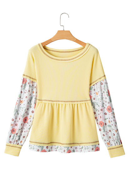 Geel bloemen patchwork wafelgebreide babydollblouse