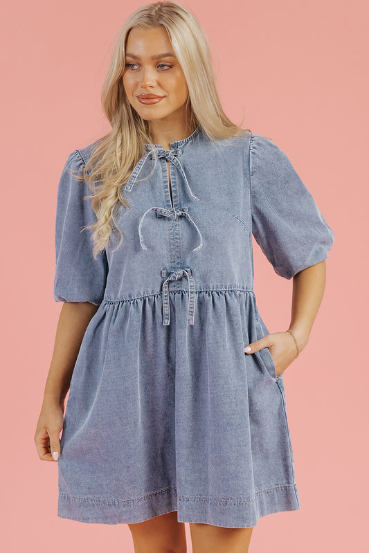 Schemering blauw bowknot bubble mouw korte denimjurk