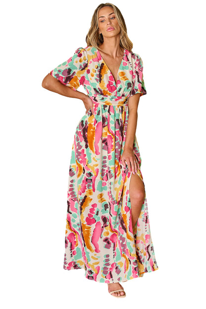 Roze maxi-jurk met boho tie-dye print en V-hals