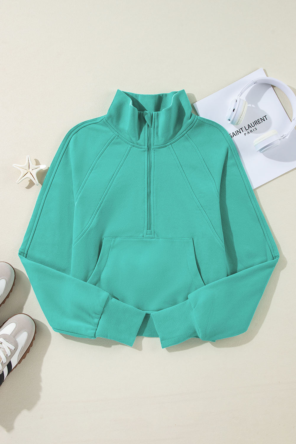 Smoke Green Fleece Lined Zip Up Stand Collar Thumbhole Sleeve Sweatshirt