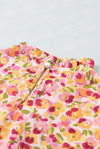 Oranje Boho bloemen ruches korte mouw franje mock hals blouse