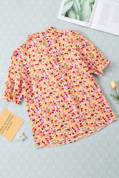 Oranje Boho bloemen ruches korte mouw franje mock hals blouse