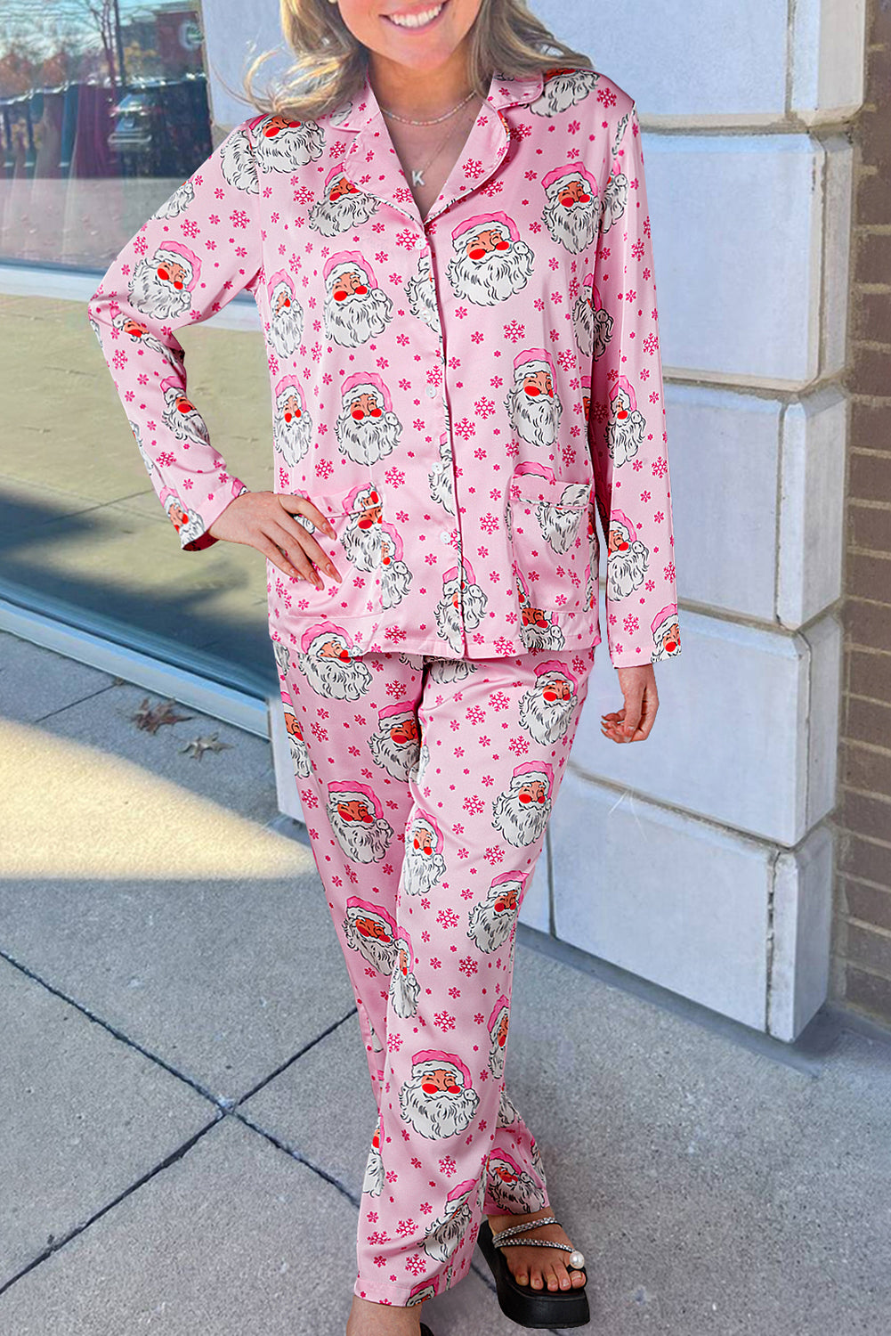 Roze kerstman Claus sneeuwvlok met lange mouwen shirt Christmas pyjama set