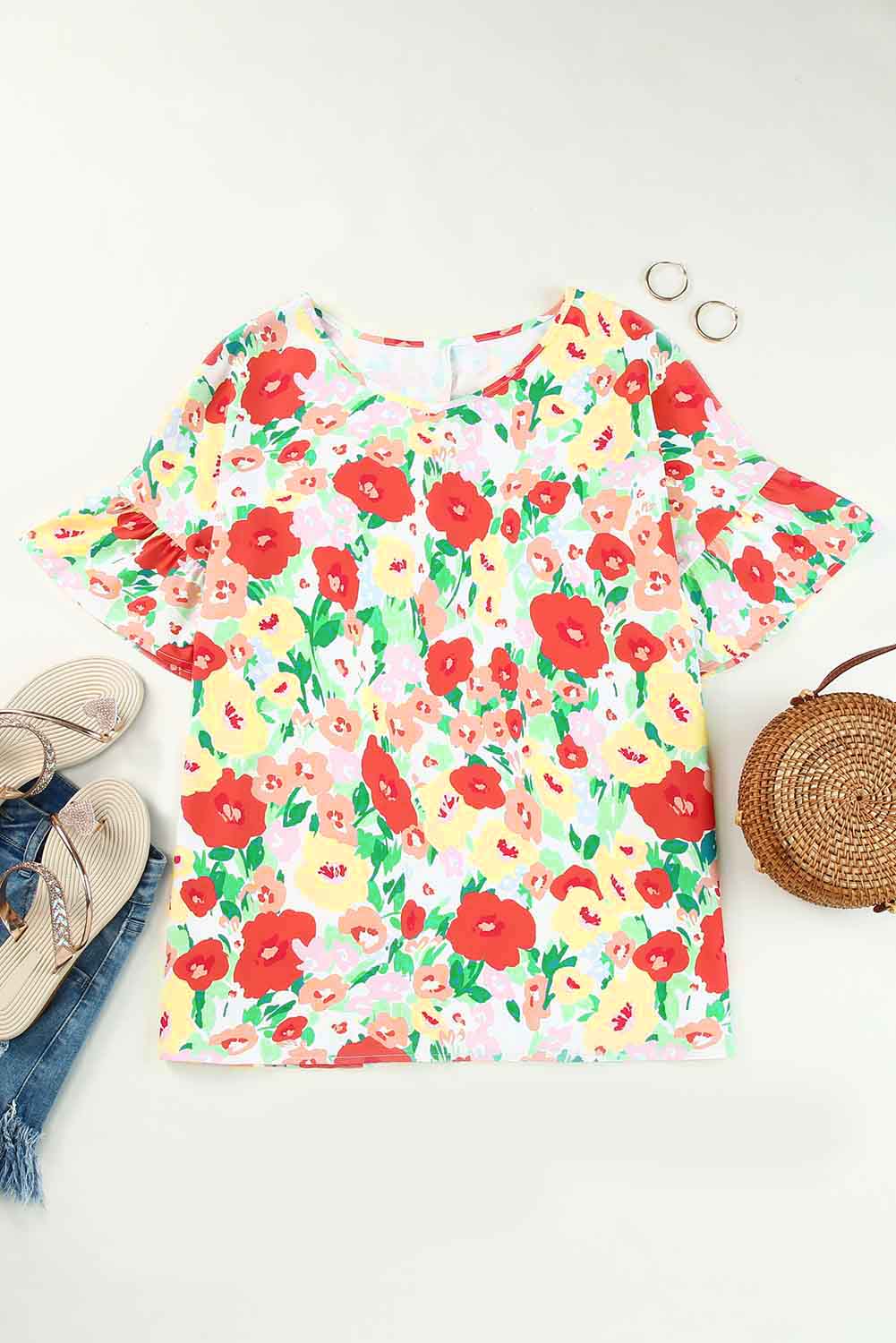 Vurige rode bloemenprint gegolfde blouse met korte mouwen en V-hals