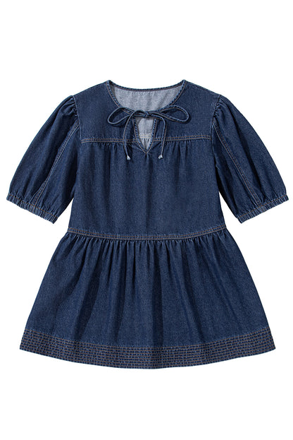 Zeil blauwe puff mouw veter halslijn splicing denim blouse