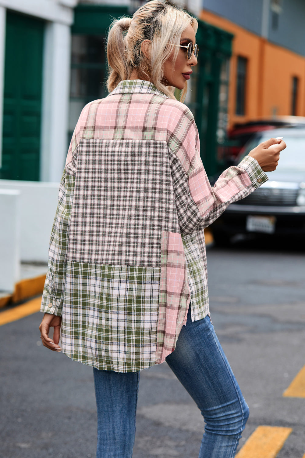 Veelkleurig geruit patchwork hoog laag oversized overhemd