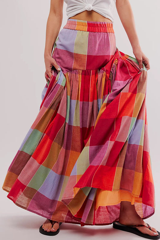 Multicolour plaid print ruches hoge taille casual maxi rok
