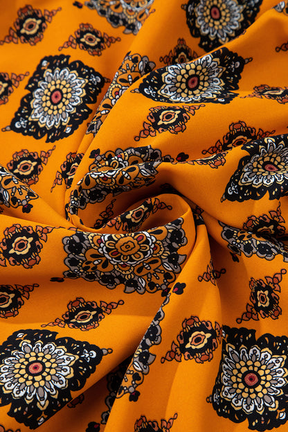 Oranje westerse geometrische print gelaagde frisdress los fit midi -jurk