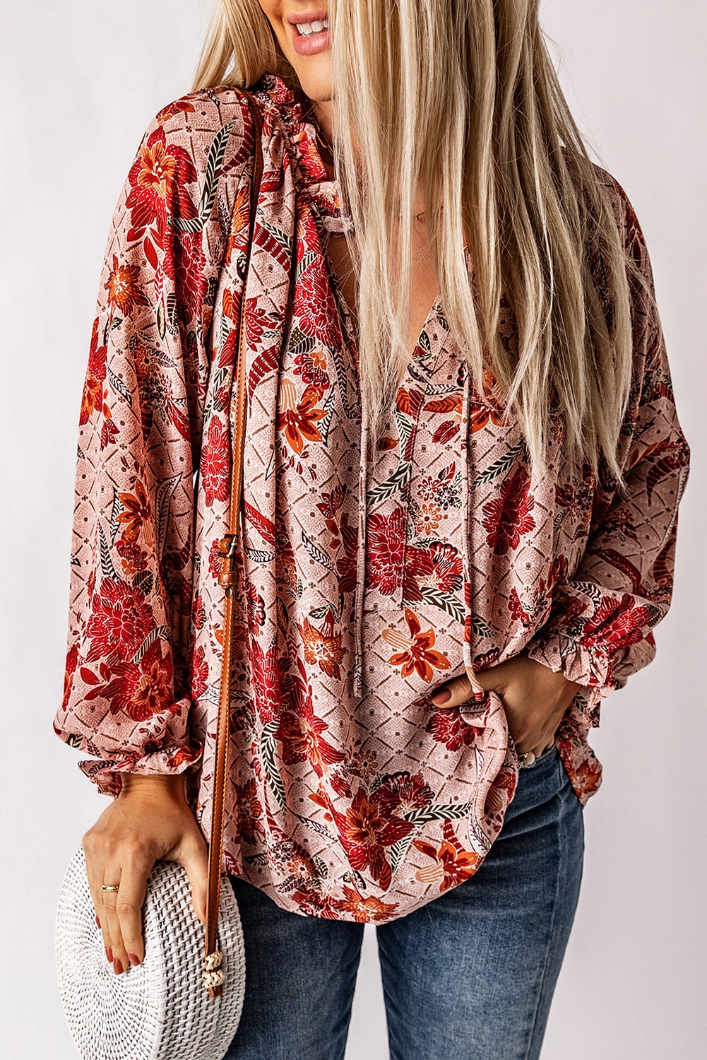 Roze blouse met split en V-hals en print