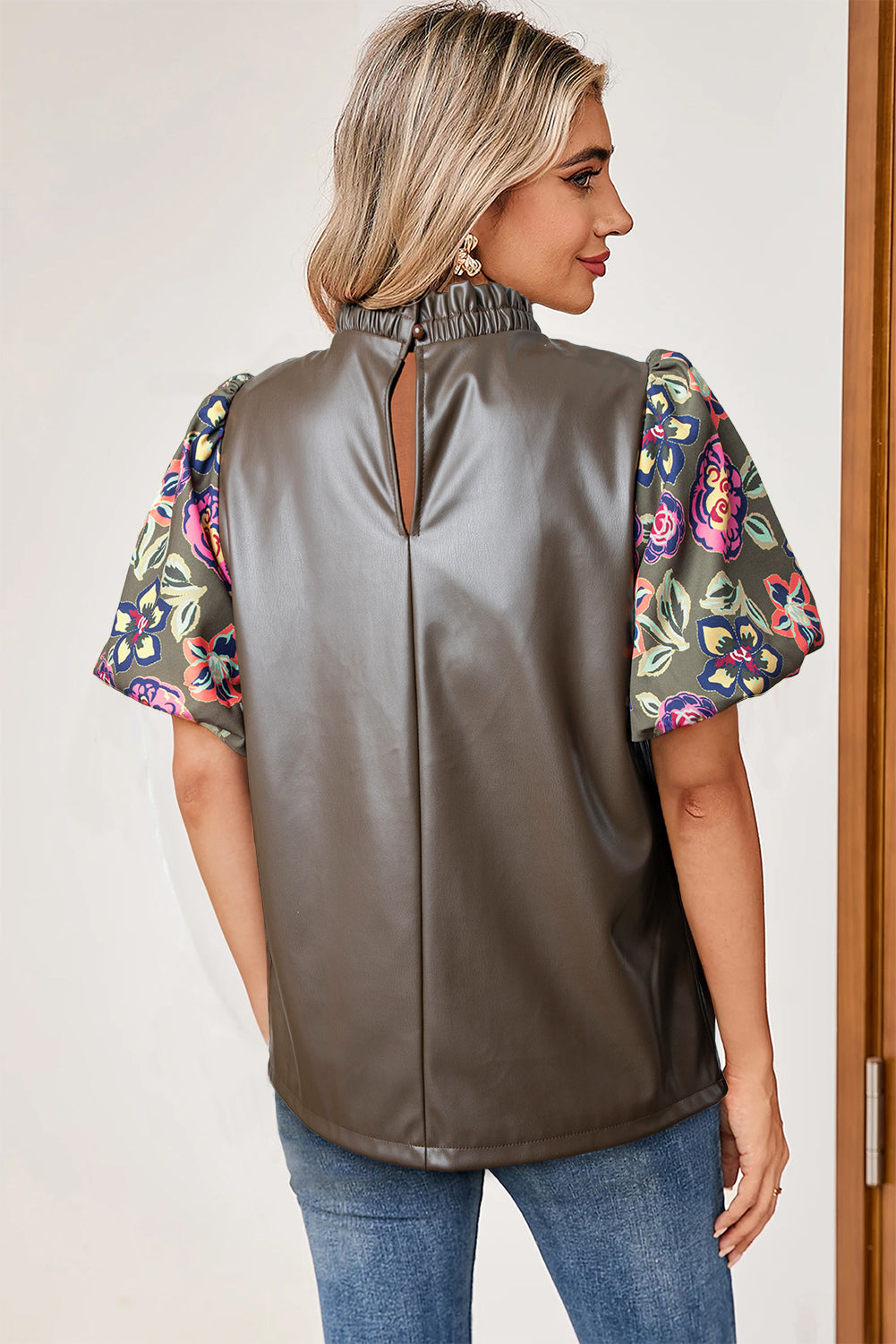 Vier blad klaver bloemen bubbel mouw lederwork lederwork frillred round necy blouse