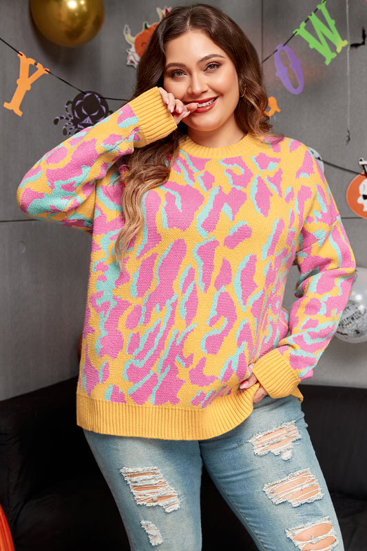 Felroze plus size luipaard geribbelde trim trui