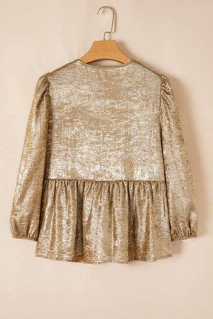 Gouden vlinderdas voorste bladerdeeg 3/4 mouw ruche zoom blouse