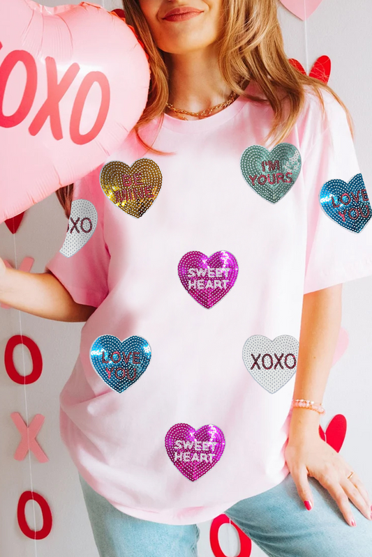 Roze pailletten Valentijns letters hart gepatcht Crewneck t -shirt