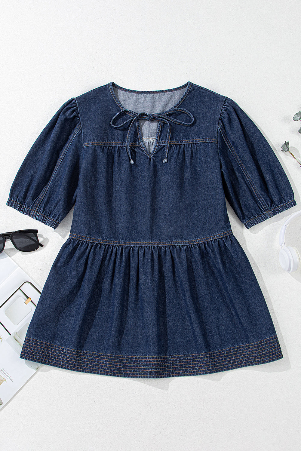 Zeil blauwe puff mouw veter halslijn splicing denim blouse
