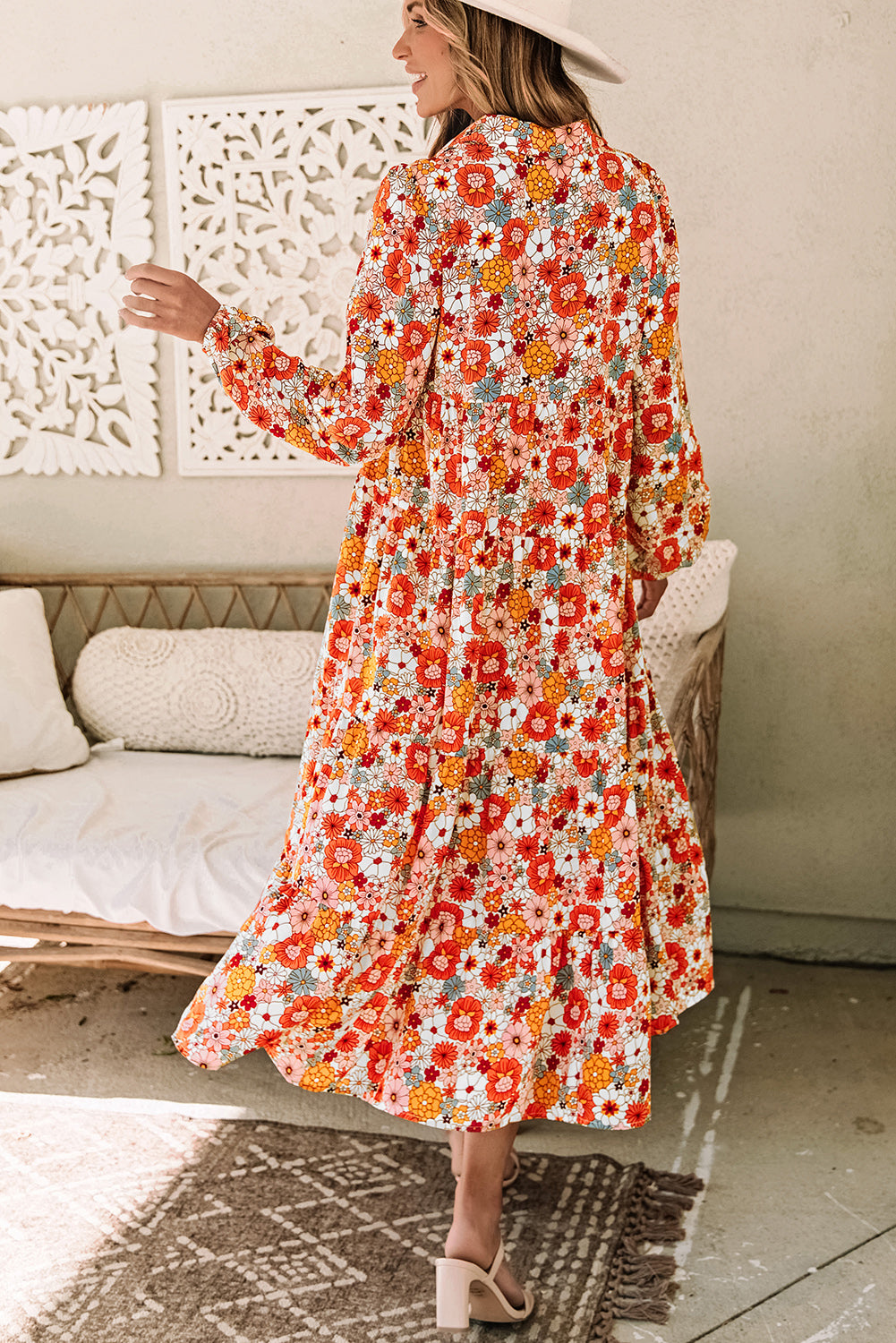 Veelkleurige Boho gebloemde jurk met lange mouwen en ruches