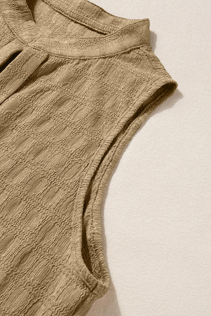 Licht Frans beige tanktop met splithals en roosterstructuur