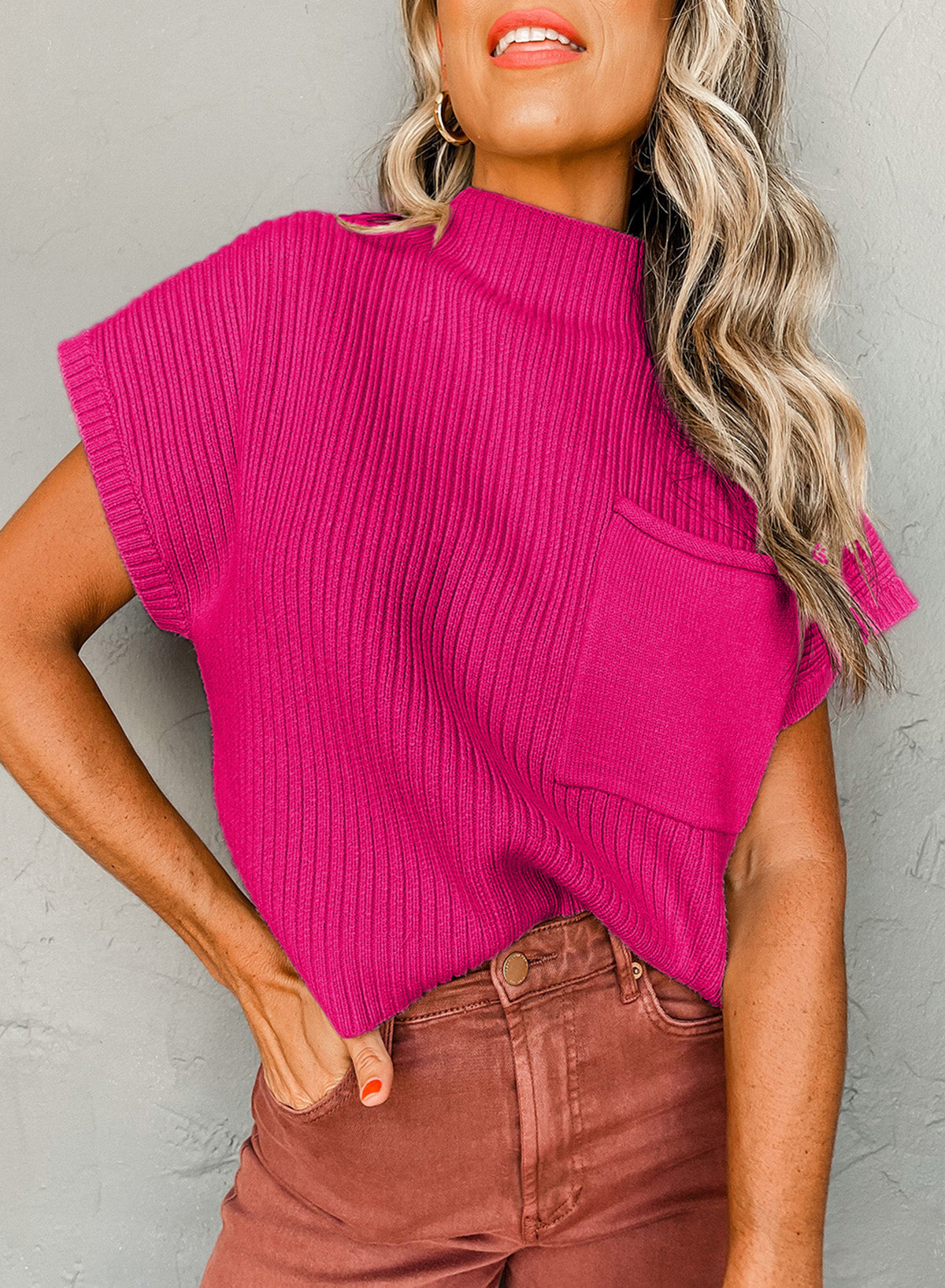 Beau Blue Patch Pocket geribbeld gebreide trui met korte mouwen