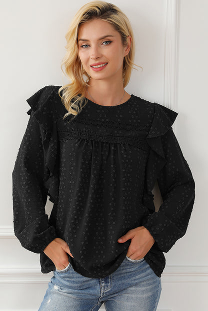 Zwarte kanten blouse met oogjes, ruches, schouder en lange mouwen