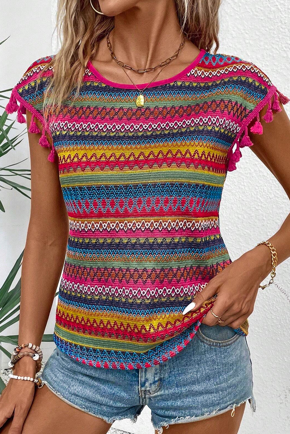 Rose Red Jacquard getextureerde Tasseled Cap Sleeve top