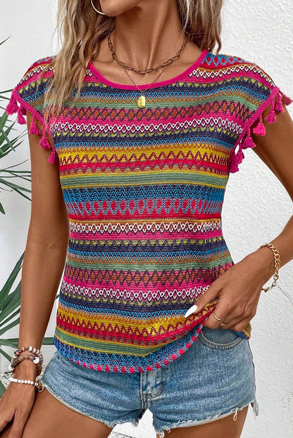 Rose Red Jacquard getextureerde Tasseled Cap Sleeve top