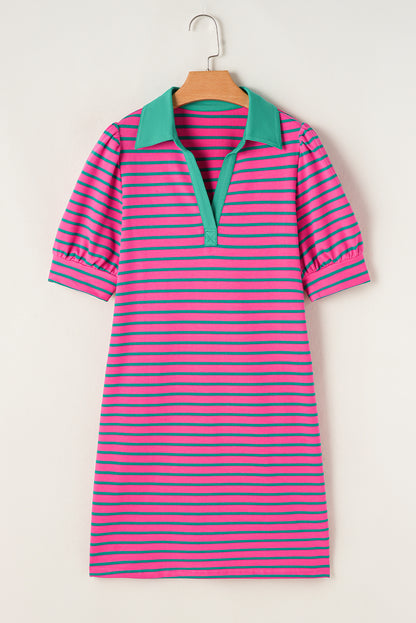Roze streep collared v necy puff puff mouw t shirt jurk