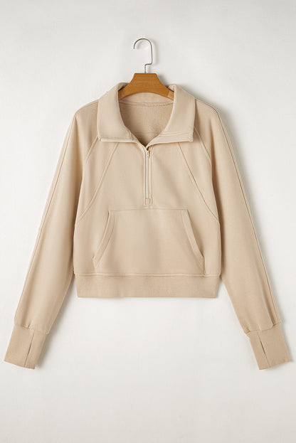 Smoke Green Fleece Lined Zip Up Stand Collar Thumbhole Sleeve Sweatshirt