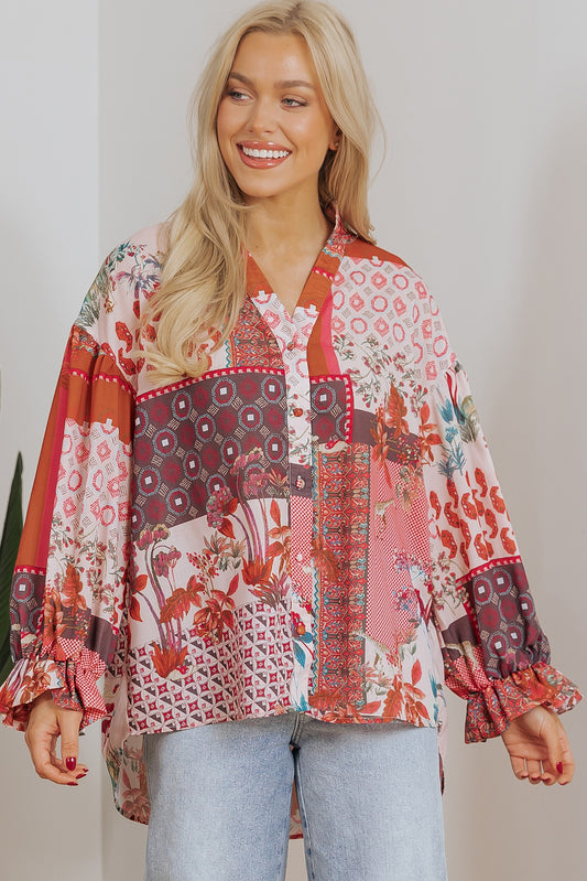 Rood Boho Geometrische gemengde print Patchwork Bubble Sleeve Shirt