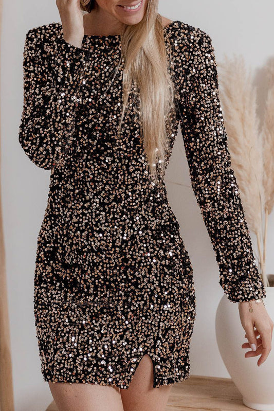 Kastanje pailletten bemanning nek nek bodycon jurk met lange mouwen