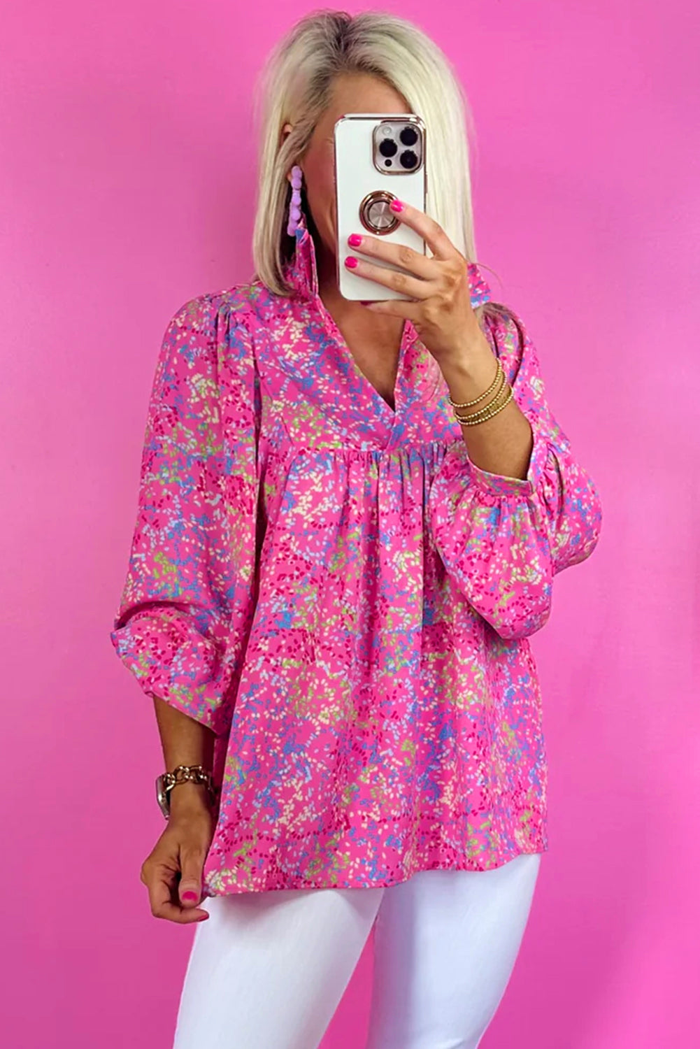 Bonbon Babydoll-blouse met abstracte print en kraag met V-hals