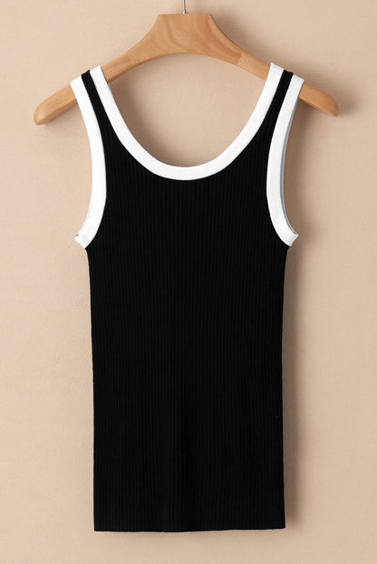 Zwarte geribbelde tanktop met U-hals en geribde rand met zwarte colorblock-rand