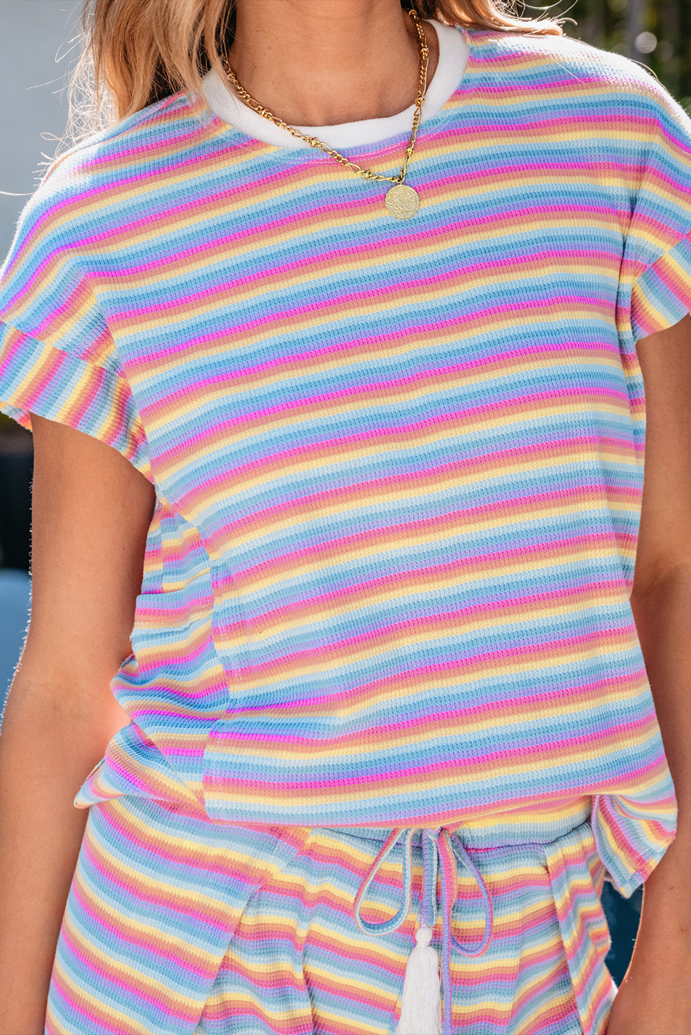 Roze gestreepte regenboog T-shirt met kwastjes en wijde pijpen broekenset