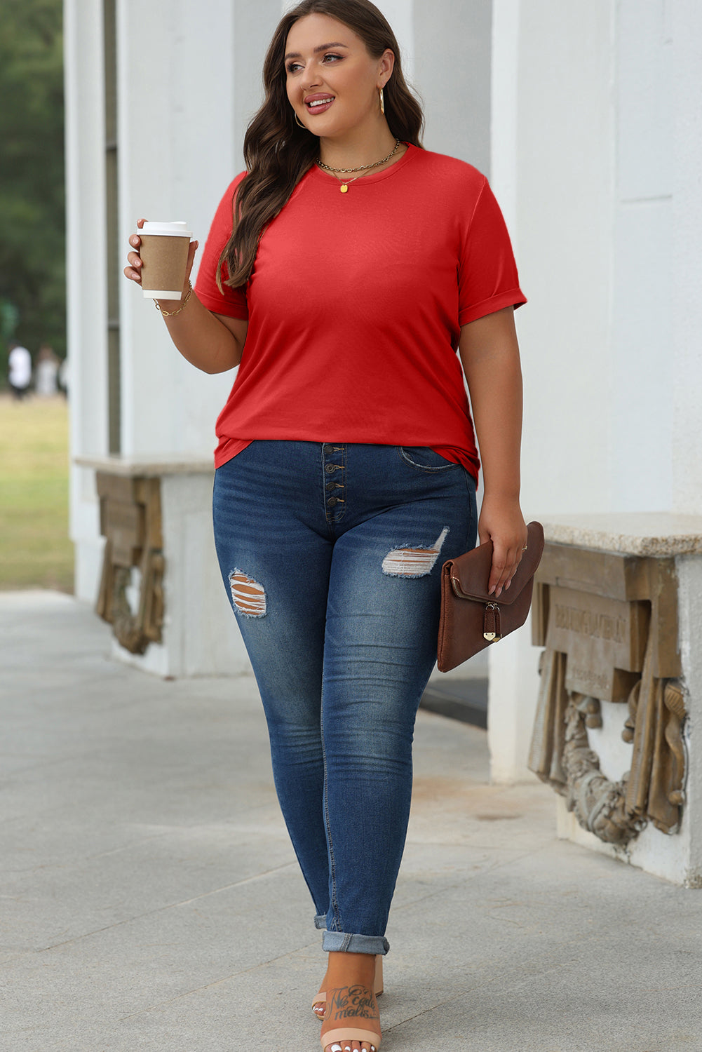 Rood casual effen T-shirt met ronde hals