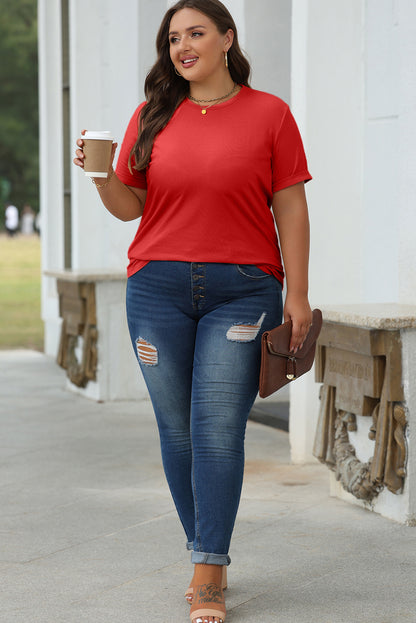 Rood casual effen T-shirt met ronde hals