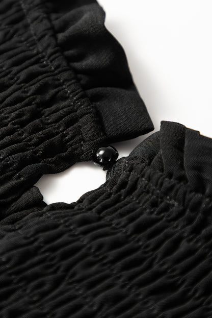 Zwarte ruche korte mouw shirred peplum top