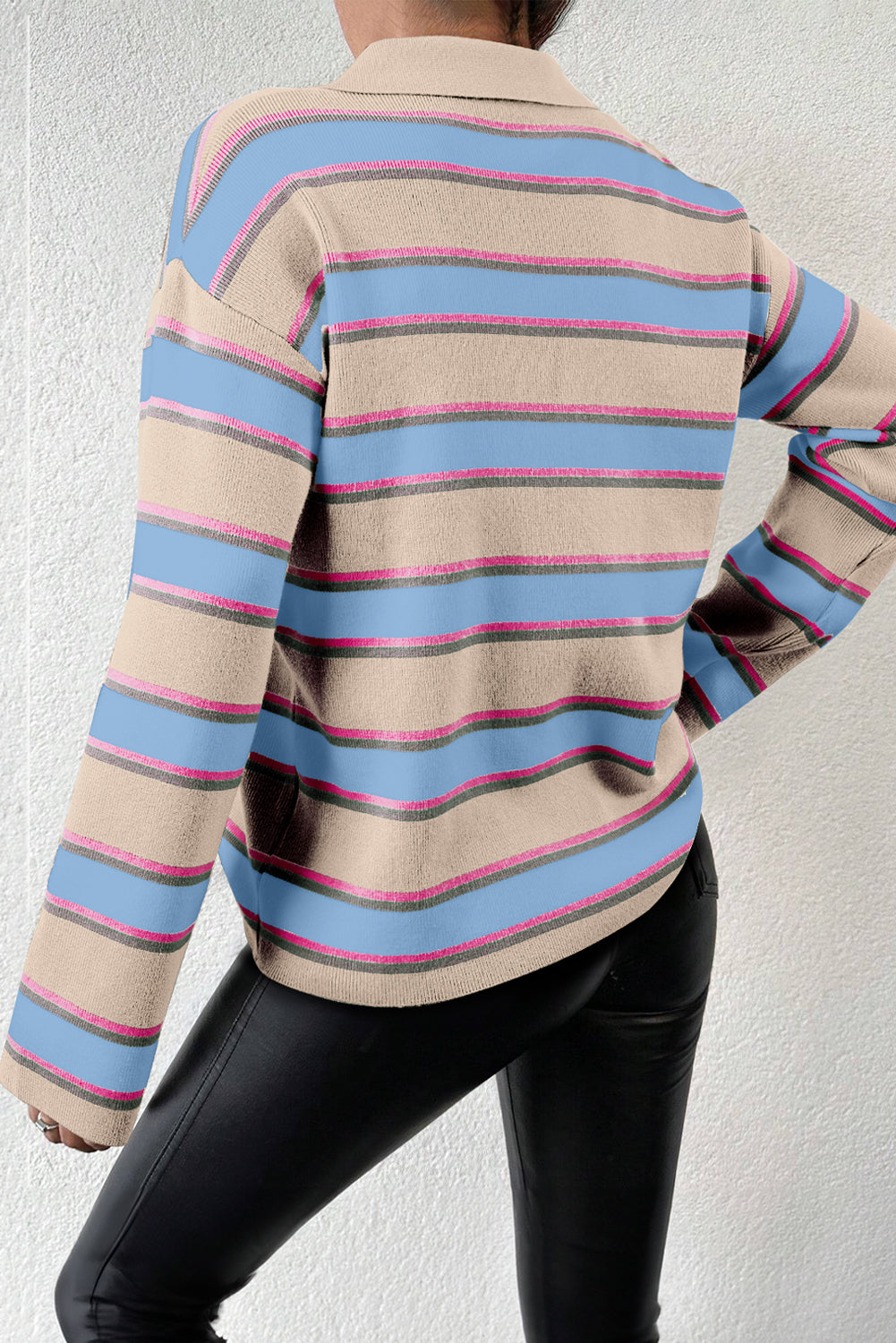 Abrikoos streep collared v nek druppel schouder losse trui