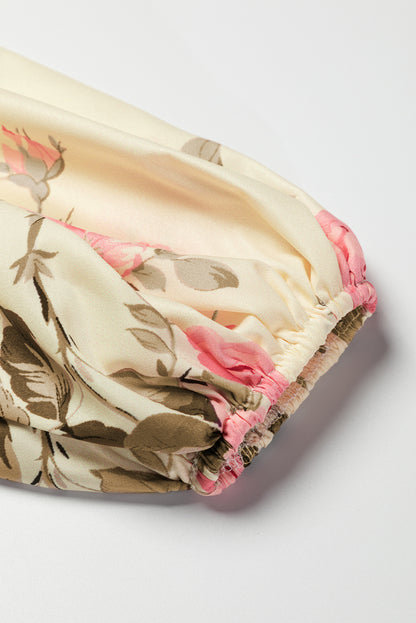 Beige blouse met V-hals met bloemenprint en lantaarnmouwen