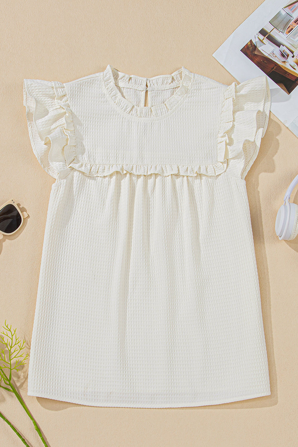 Witte vaste kleur ruches trim wafel gebreide blouse