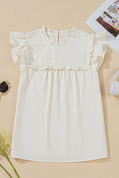 Witte vaste kleur ruches trim wafel gebreide blouse