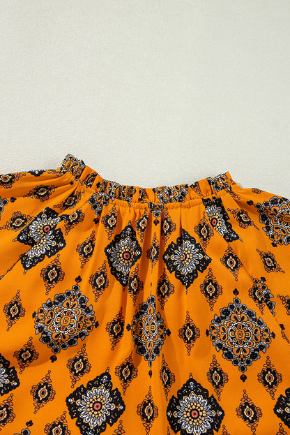 Oranje westerse geometrische print gelaagde frisdress los fit midi -jurk