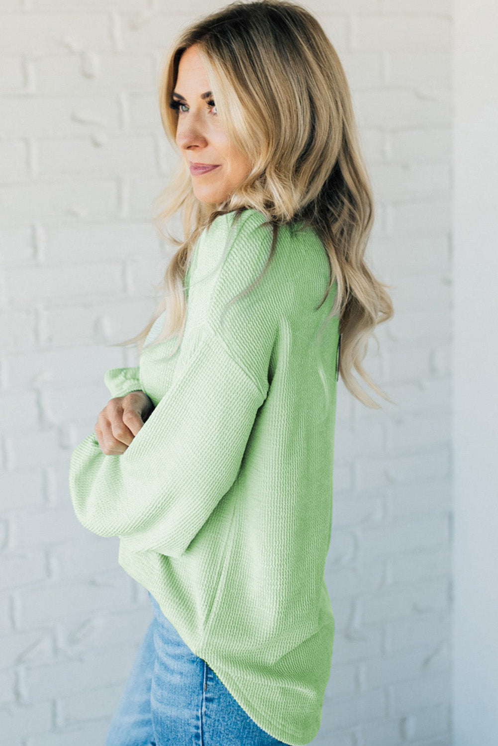 Maanlicht jade vast koord geribbelde druppel schouderpullover top