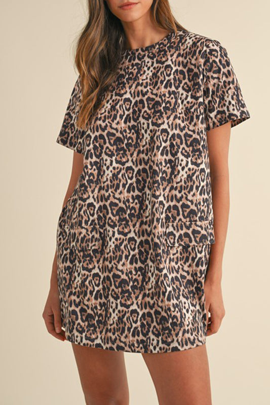 Bruine luipaard Print Crew Neck Shift Short T -shirtjurk