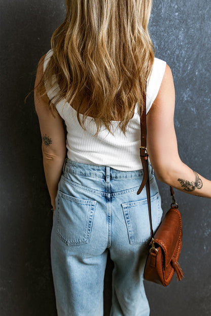 Witte ribgebreide slim-fit tanktop met ingekerfde V-hals