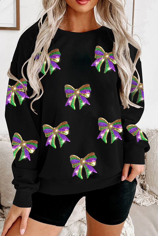 Zwart pailletten mardi gras boog grafische druppel schouderpullover sweatshirt