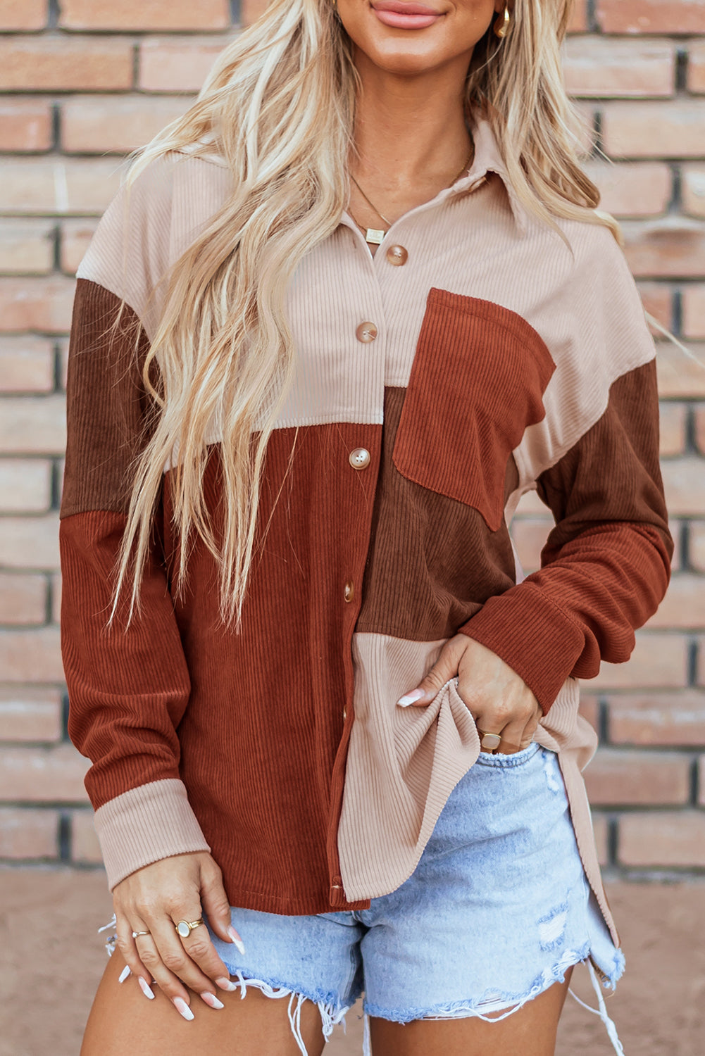 Kaneel Colorblock Corduroy shacket met gebogen zoom en zak