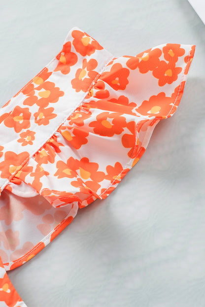 Oranje tanktop met ruches met vierkante hals en bloemenprint