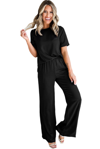 Zwart effen kleur T-shirt 2-delige broek met wijde pijpen