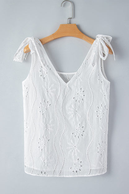 Witte tanktop met geknoopte bandjes en V-hals met borduurmotief