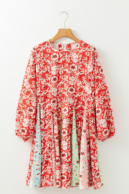 Rood kleurrijke bloemen patchwork lange mouw geplooide mini -jurk