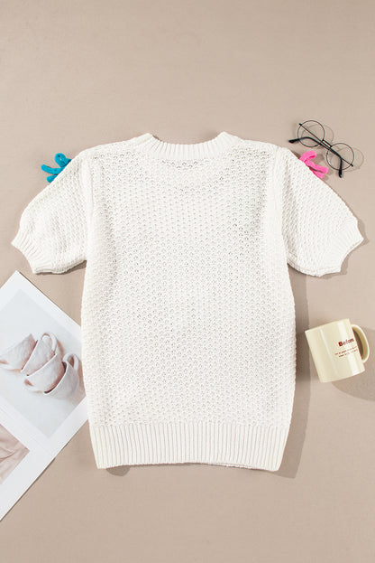 Wit kleurrijke boog gebreide mockhals sweater met korte mouwen